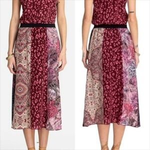 JONNY WAS 100% Silk Valencia Paneled Pull On Midi Skirt M